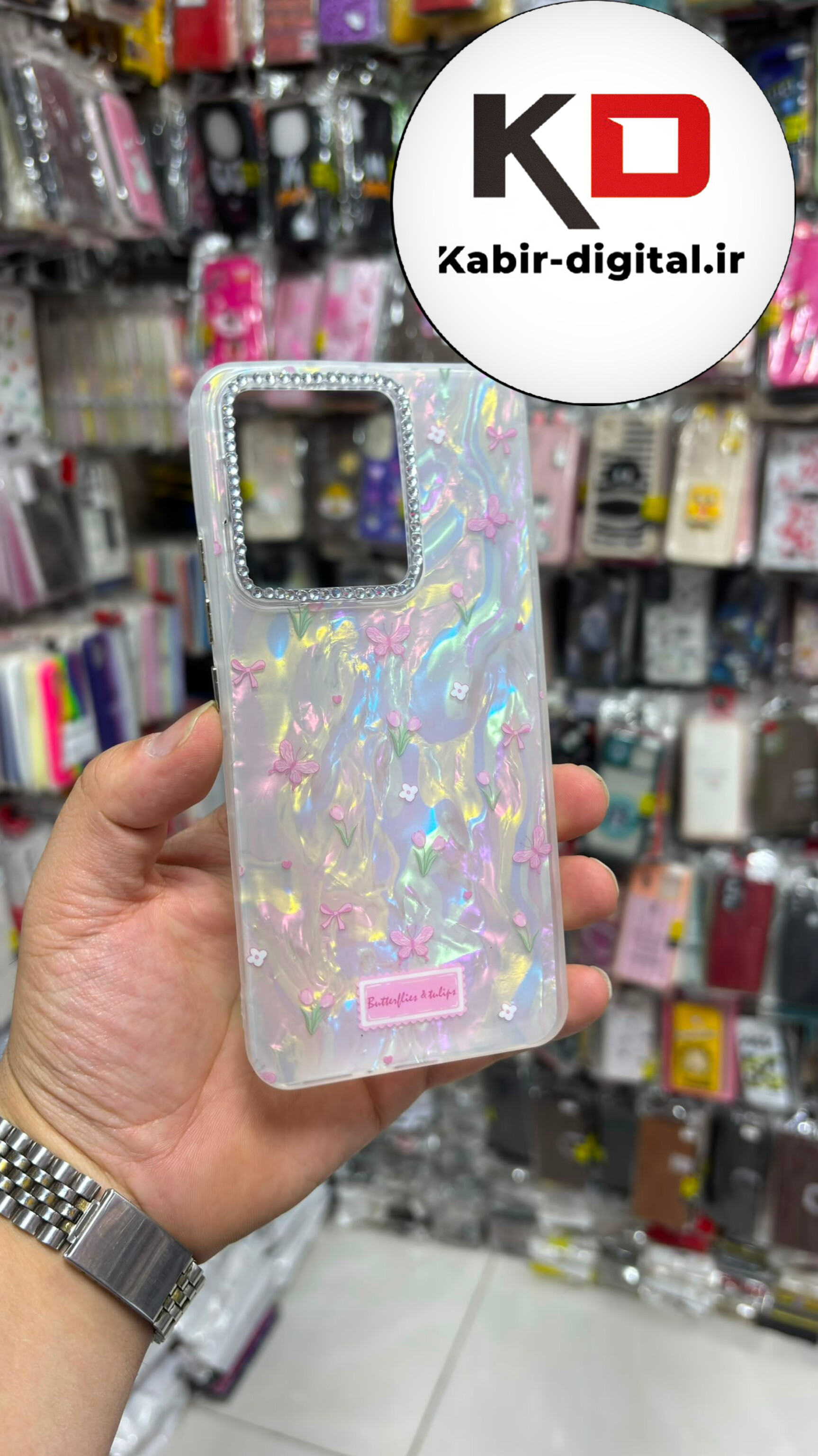 قاب گوشی Redmi Note 13  4G شیائومی Crystal Case نگین دار لوکس رزینی ماربل پروانه سفید لنز نگین دار