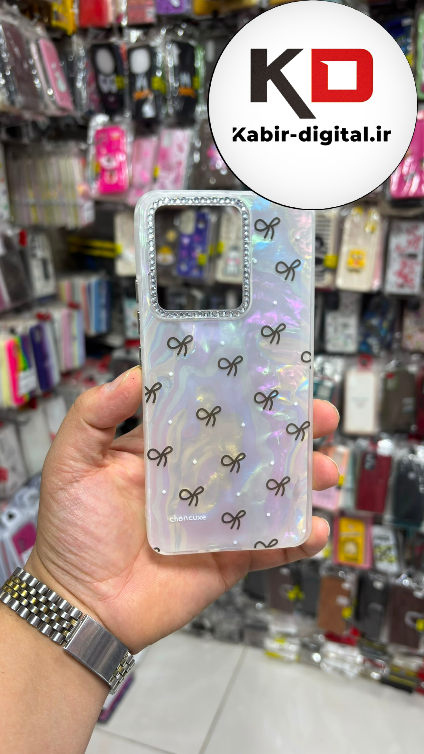 قاب گوشی Redmi Note 13  4G شیائومی Crystal Case نگین دار لوکس رزینی ماربل پاپیون مشکی لنز نگین دار