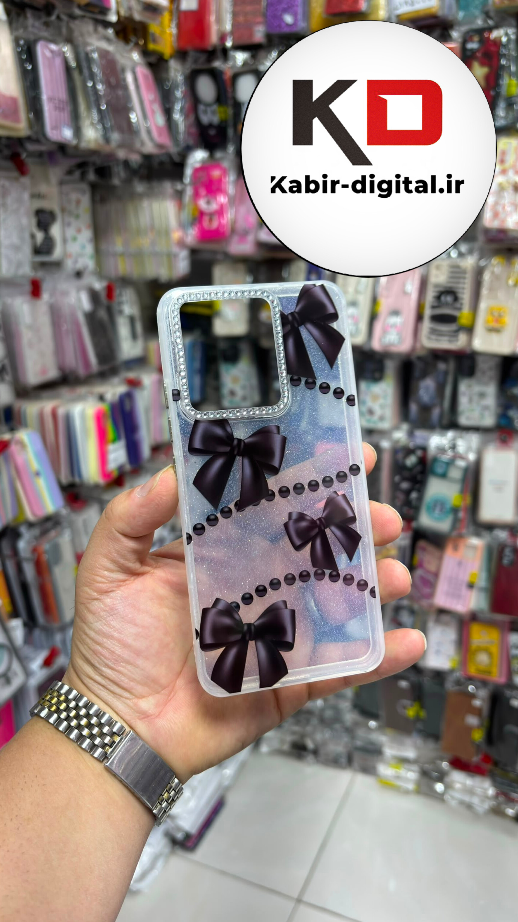 قاب گوشی Redmi Note 13  4G شیائومی Crystal Case نگین دار لوکس شفاف اکلیلی پاپیون مشکی لنز نگین دار
