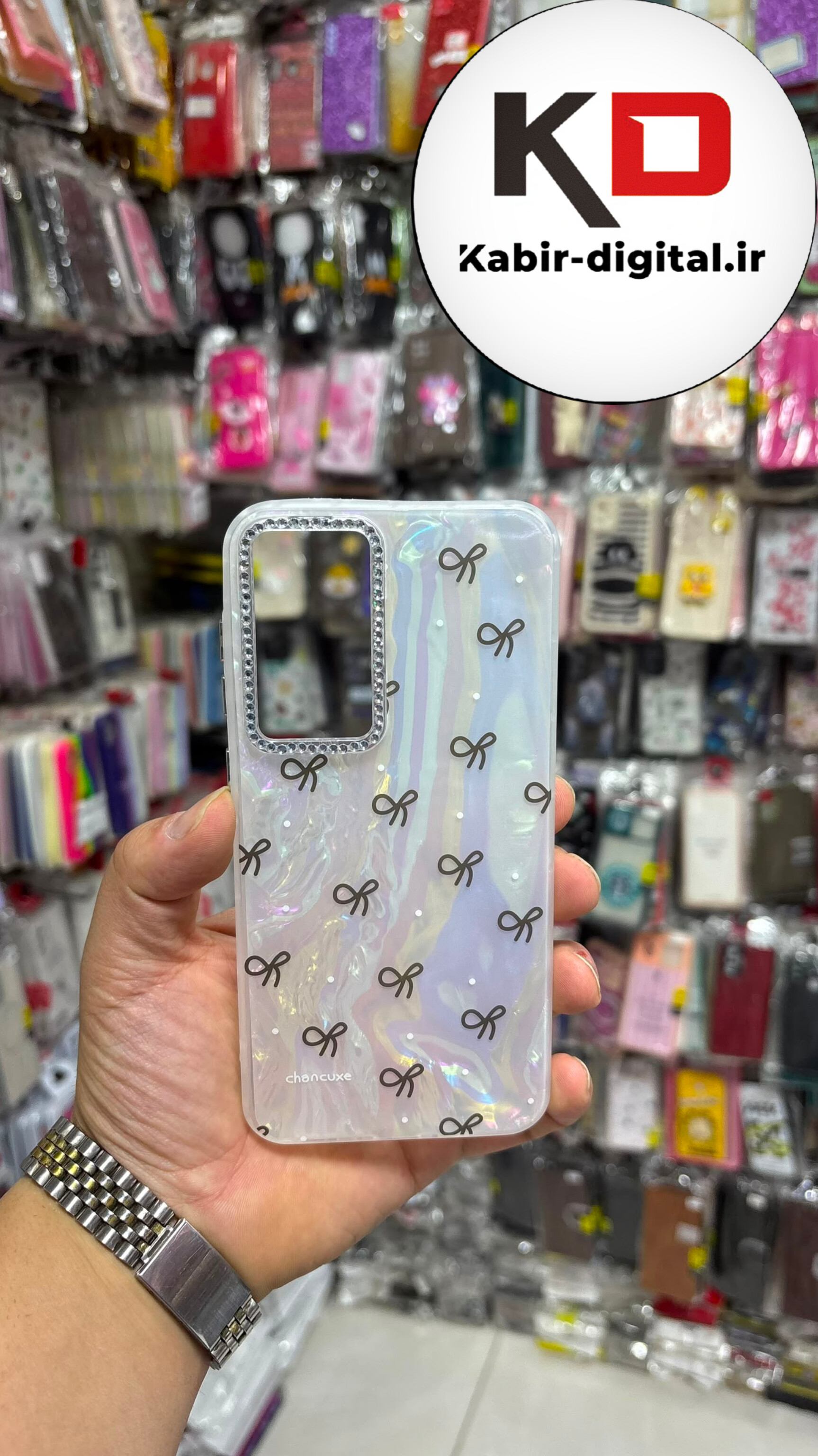قاب گوشی Galaxy A36 / A56 سامسونگ Crystal Case نگین دار لوکس رزینی ماربل پاپیون مشکی لنز نگین دار
