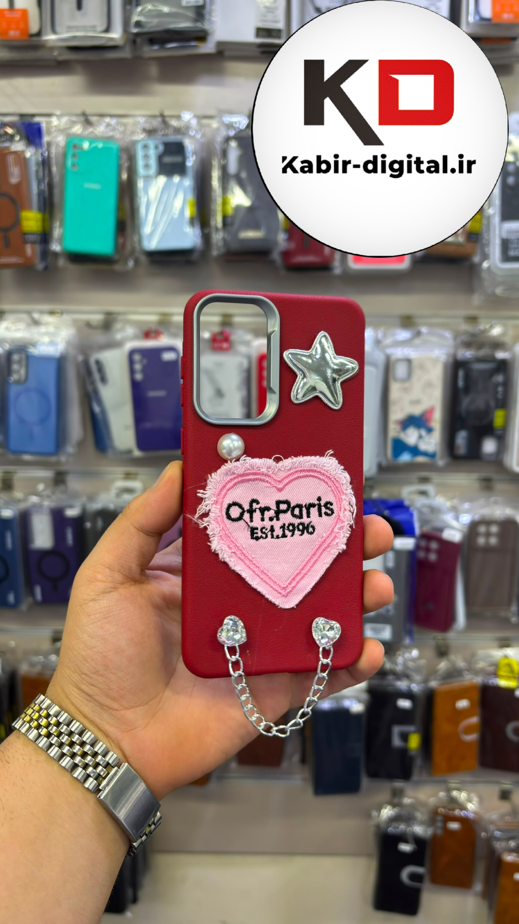 قاب گوشی Galaxy A56 / A36 سامسونگ سیلیکونی Leather Design سه بعدی قلب و ستاره جین زنجیر دار لنز کروم