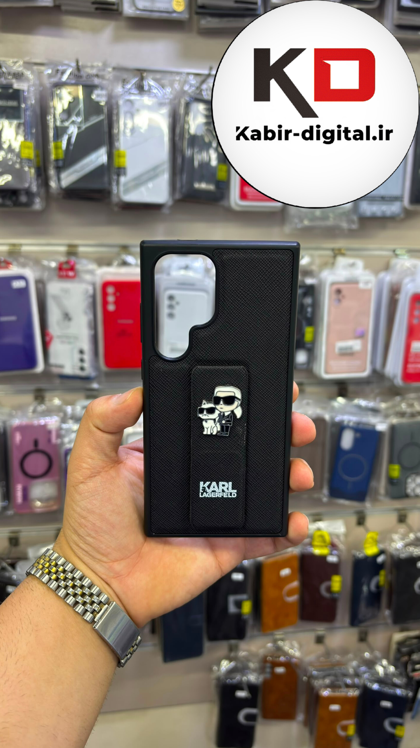 قاب گوشی Galaxy S24 Ultra سامسونگ پولو POLO اورجینال هارد لاکچری گلدوزی استندشو دور سیلیکونی طرح برجسته کارل مشکی