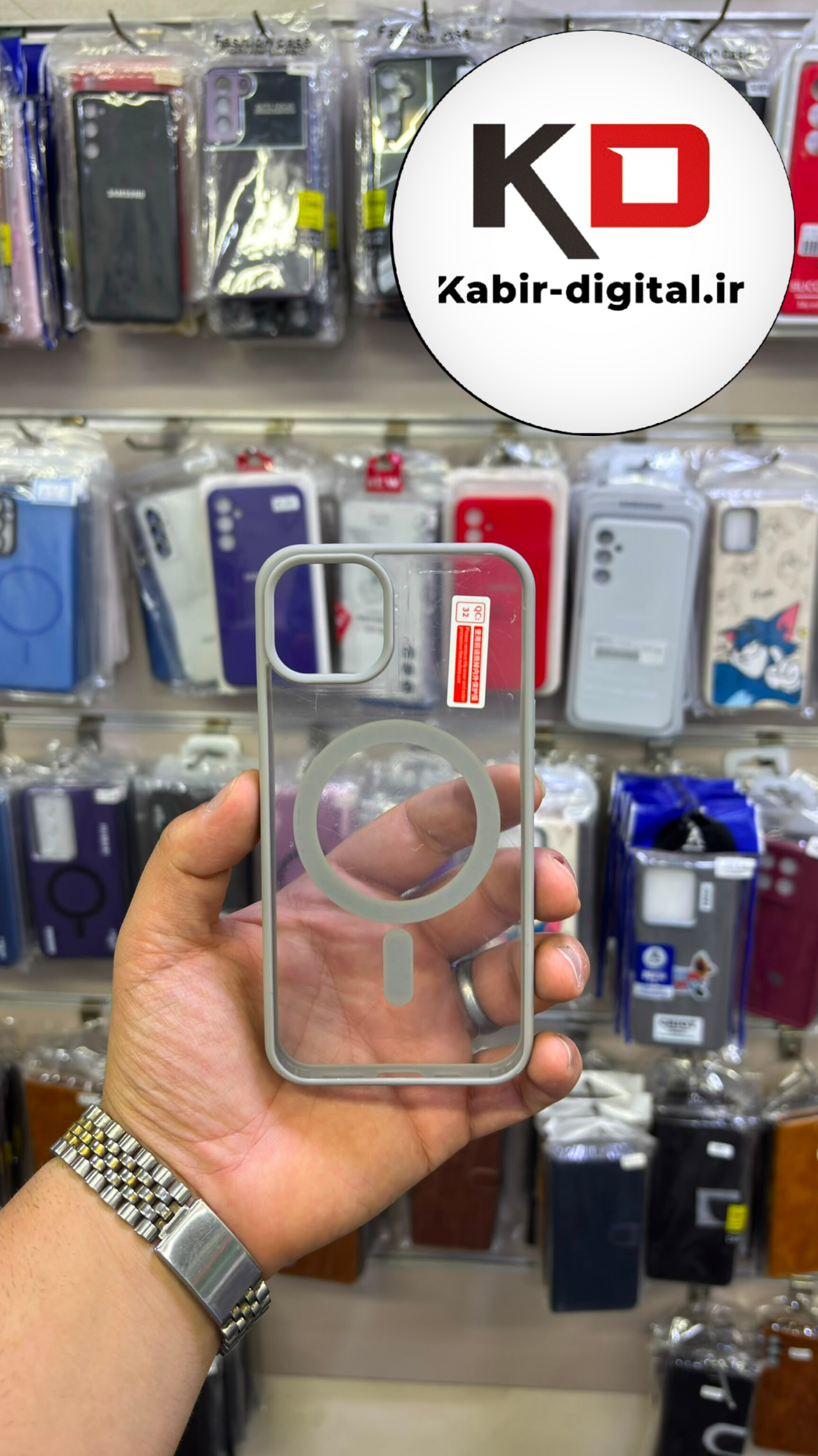 قاب گوشی iPhone 13 / 14 آیفون پشت شفاف مگ سیف دار MagSafe اورجینال Metal Stand Case محافظ لنزدار طوسی