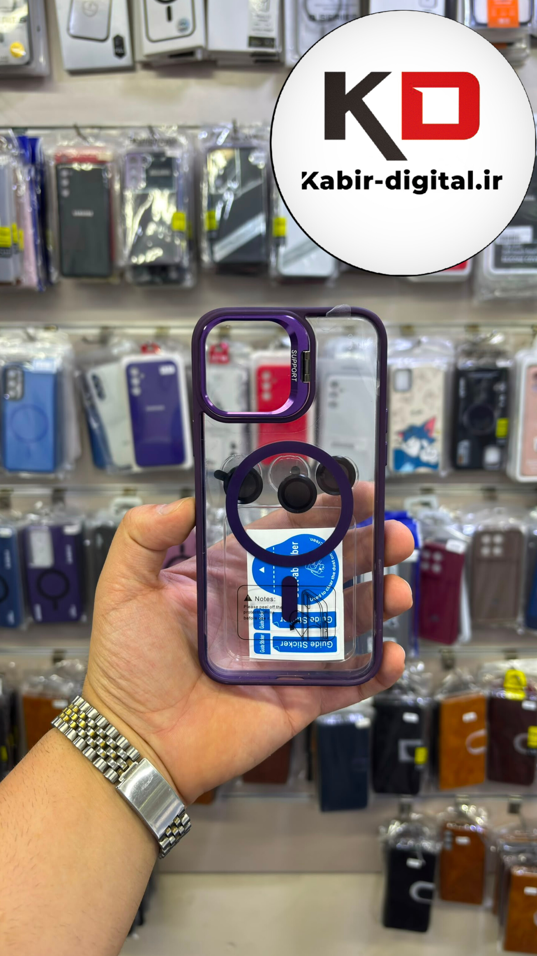 قاب گوشی iPhone 14 Pro Max آیفون پشت شفاف مگ سیف دار MagSafe اورجینال Metal Stand Case لنز استند شو فلزی به همراه محافظ لنز رینگی