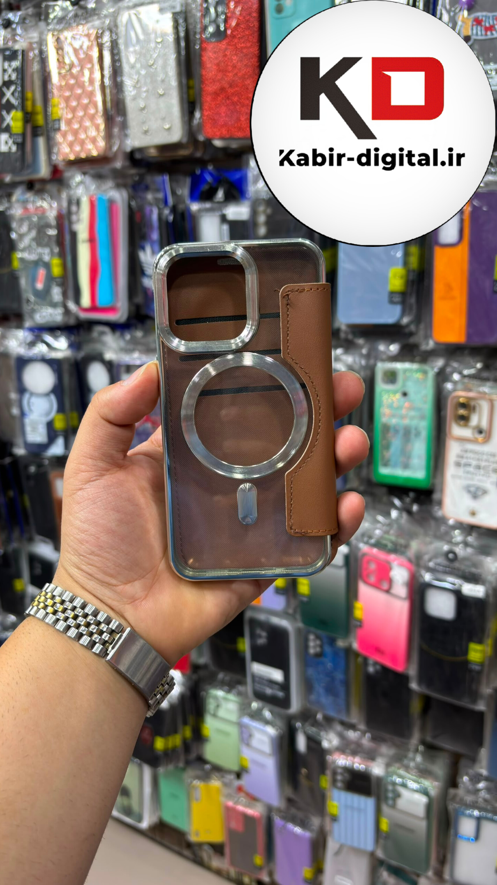 کیف گوشی iPhone 13 Pro Max آیفون الکترو استاتیک Wallet Case مگ سیف Magsafe اورجینال محافظ لنز دار گلسی قهوه ایی
