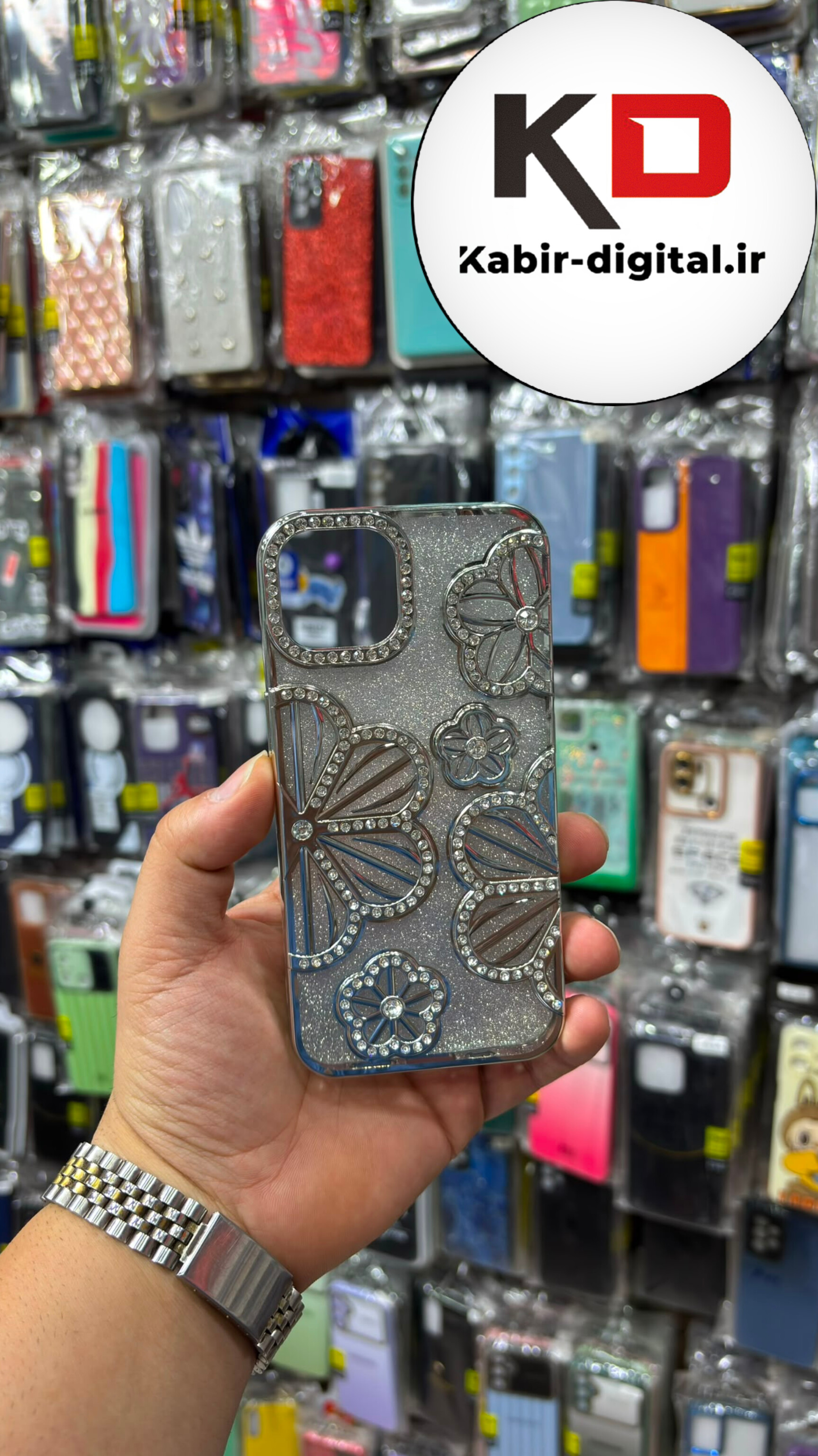 قاب گوشی iPhone 1۳ / 14 آیفون Flower Case گل رز نگین دار برجسته لنز الماسی شفاف اکلیلی طوسی