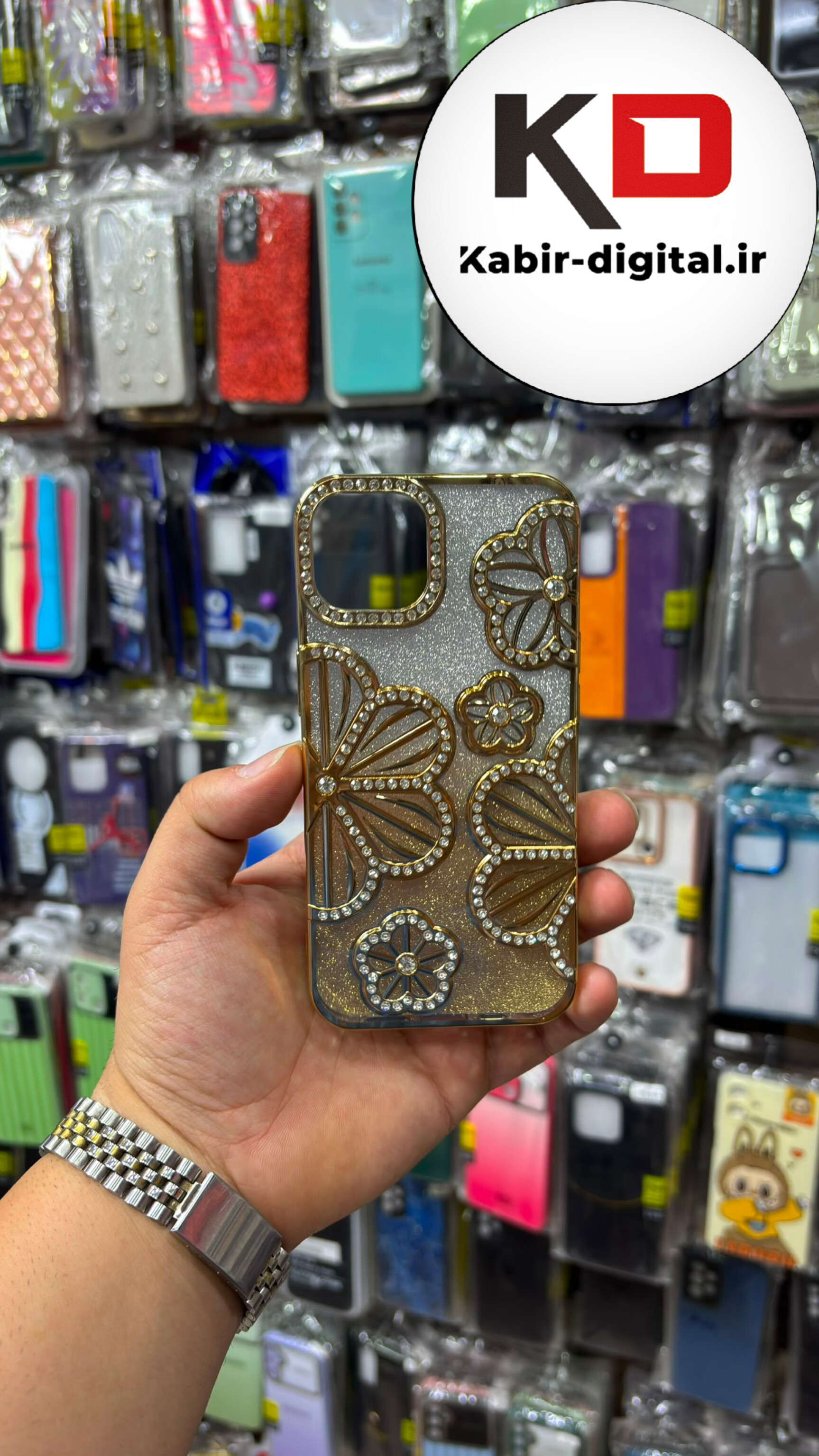 قاب گوشی iPhone 1۳ / 14 آیفون Flower Case گل رز نگین دار برجسته لنز الماسی شفاف اکلیلی طلایی