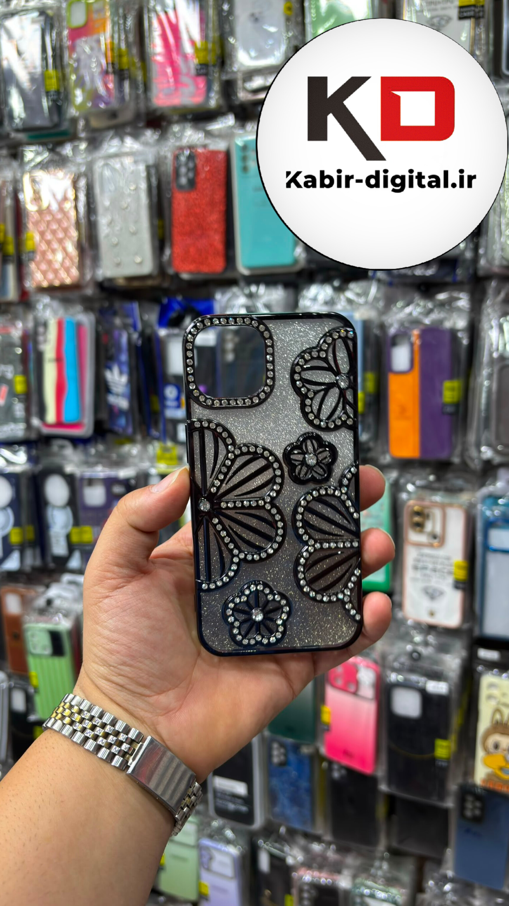 قاب گوشی iPhone 1۳ / 14 آیفون Flower Case گل رز نگین دار برجسته لنز الماسی شفاف اکلیلی مشکی