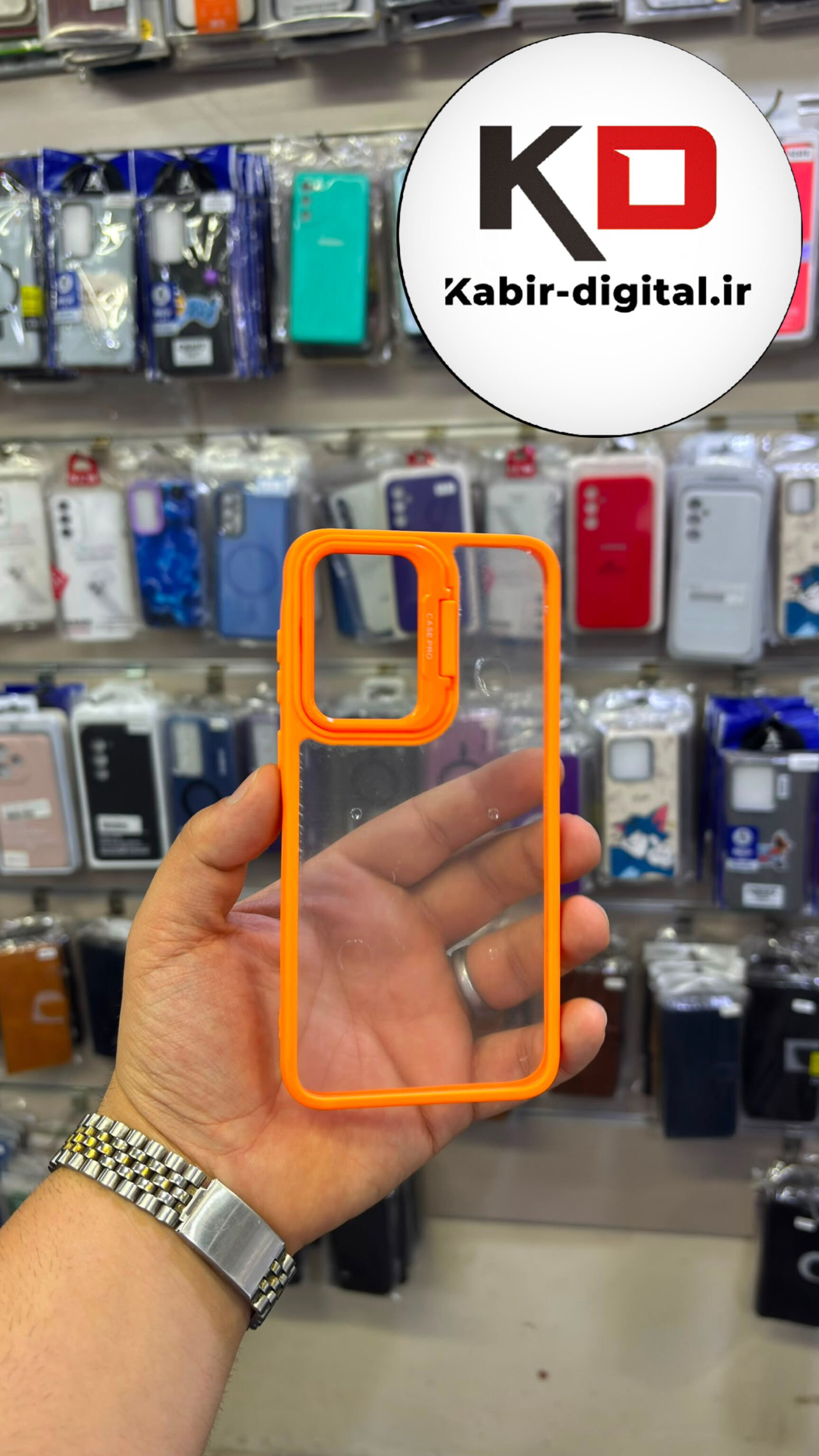 قاب گوشی Galaxy A35 / A55 سامسونگ  اورجینال متال کیس Metal اورجینال CASE PRO طرح پشت طلق شفاف دور سیلیکونی استندشو  نارنجی