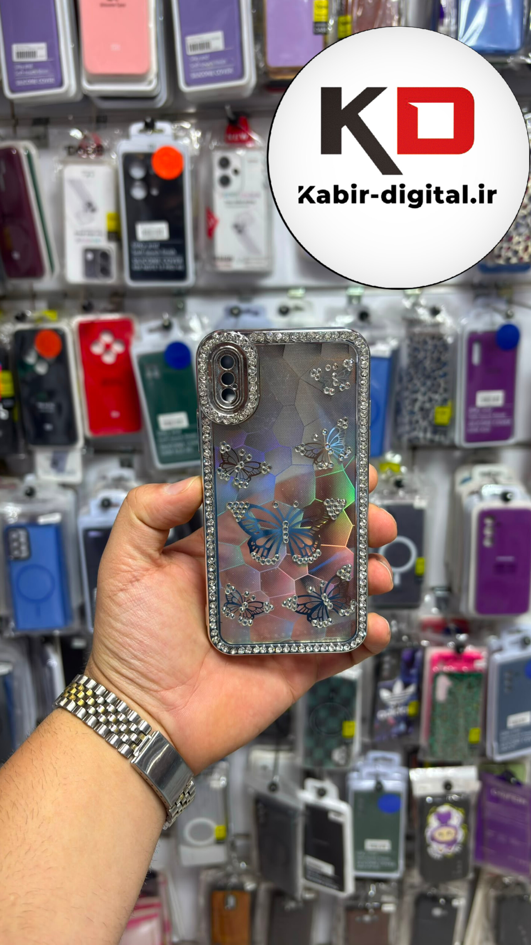 قاب گوشی  iPhone X / Xs آیفون  Butterfly Case لوکس پروانه مرواریدی طوسی نقره ای لنز Silver نگین دار محافظ لنزدار