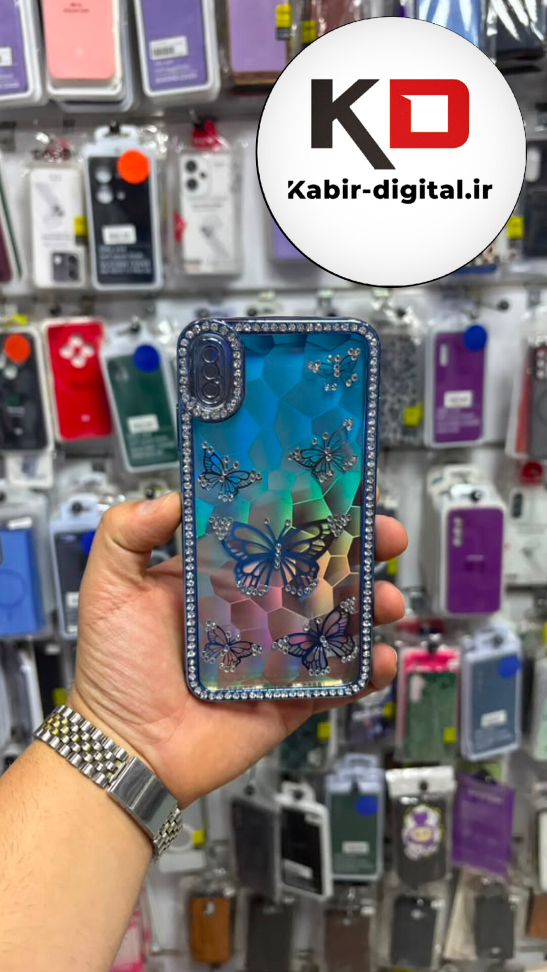 قاب گوشی iPhone  Xs Max آیفون  Butterfly Case لوکس پروانه مرواریدی آبی لنز Silver نگین دار محافظ لنزدار