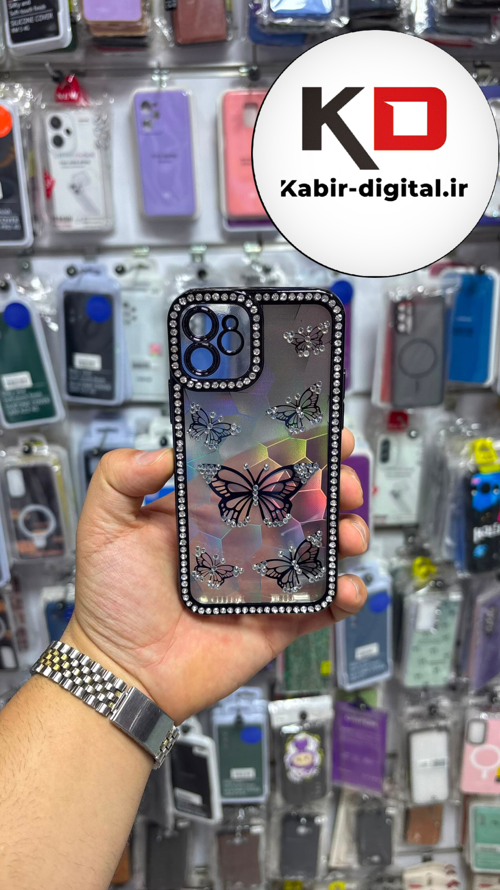 قاب گوشی iPhone 12 آیفون Butterfly Case لوکس پروانه مرواریدی مشکی لنز Silver نگین دار محافظ لنزدار