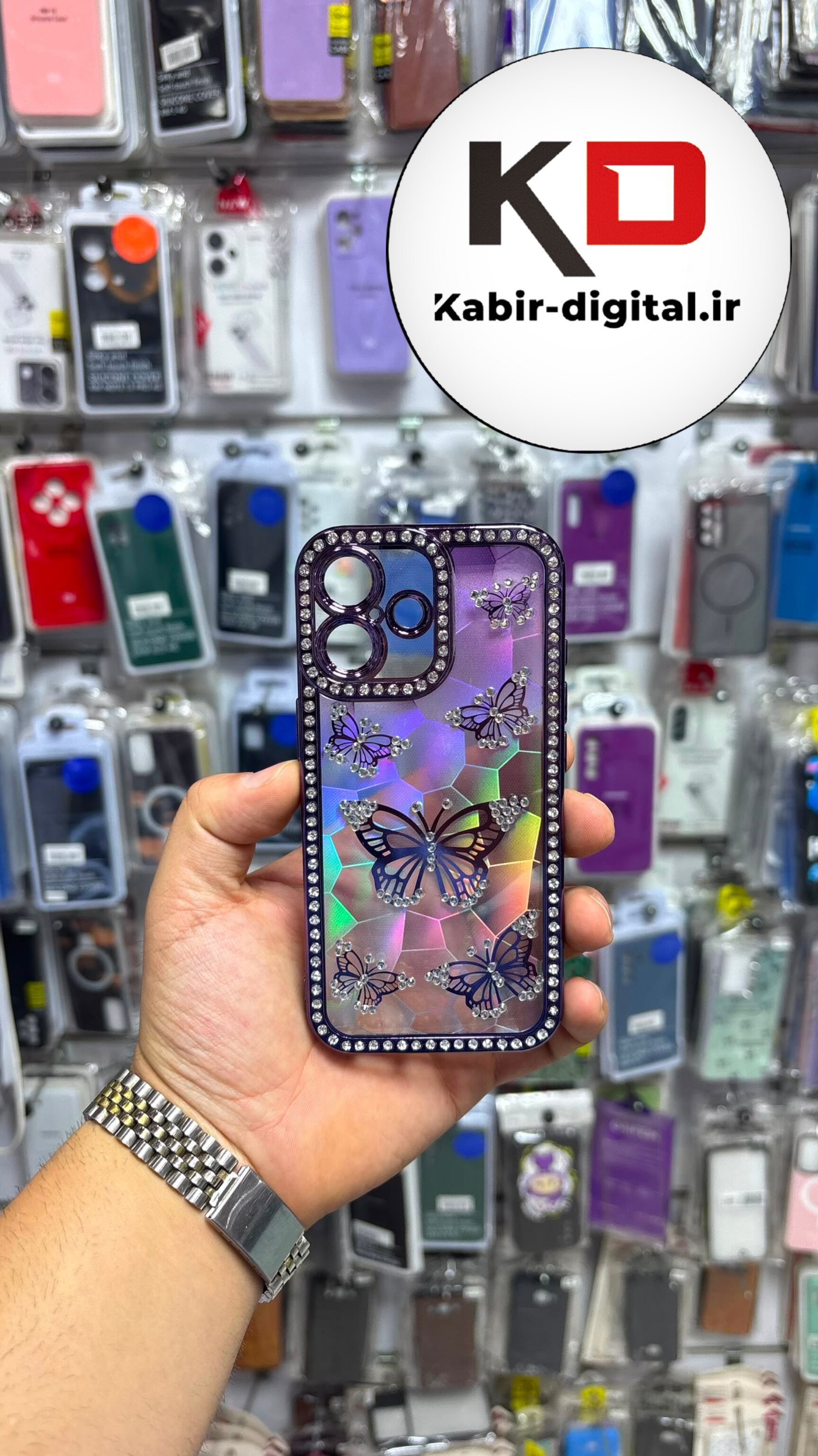 قاب گوشی iPhone 16 / 17 آیفون Butterfly Case لوکس پروانه مرواریدی  لنز Silver نگین دار محافظ لنزدار