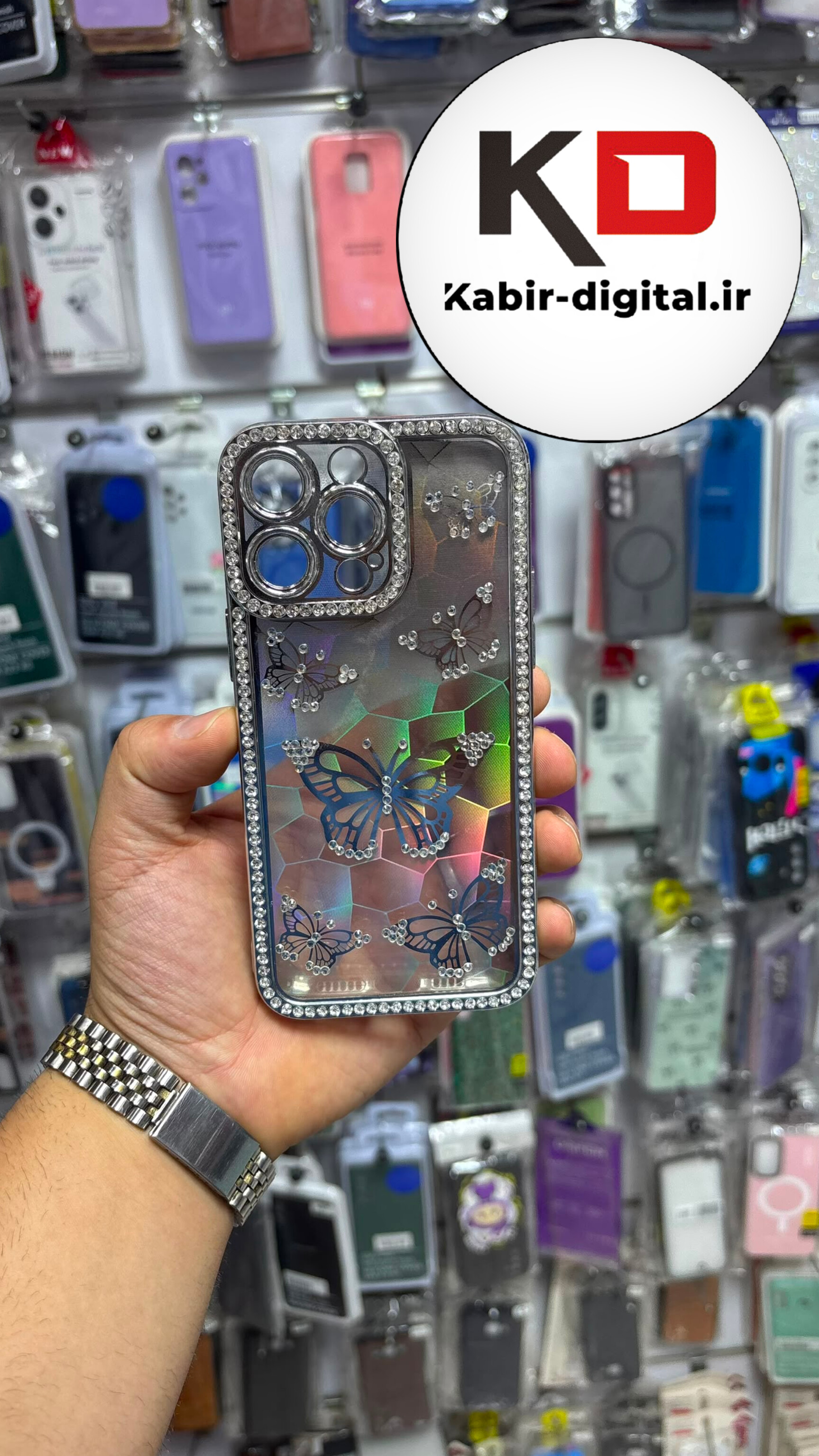 قاب گوشی iPhone 16 Pro max آیفون Butterfly Case لوکس پروانه مرواریدی مشکی لنز Silver نگین دار محافظ لنزدار