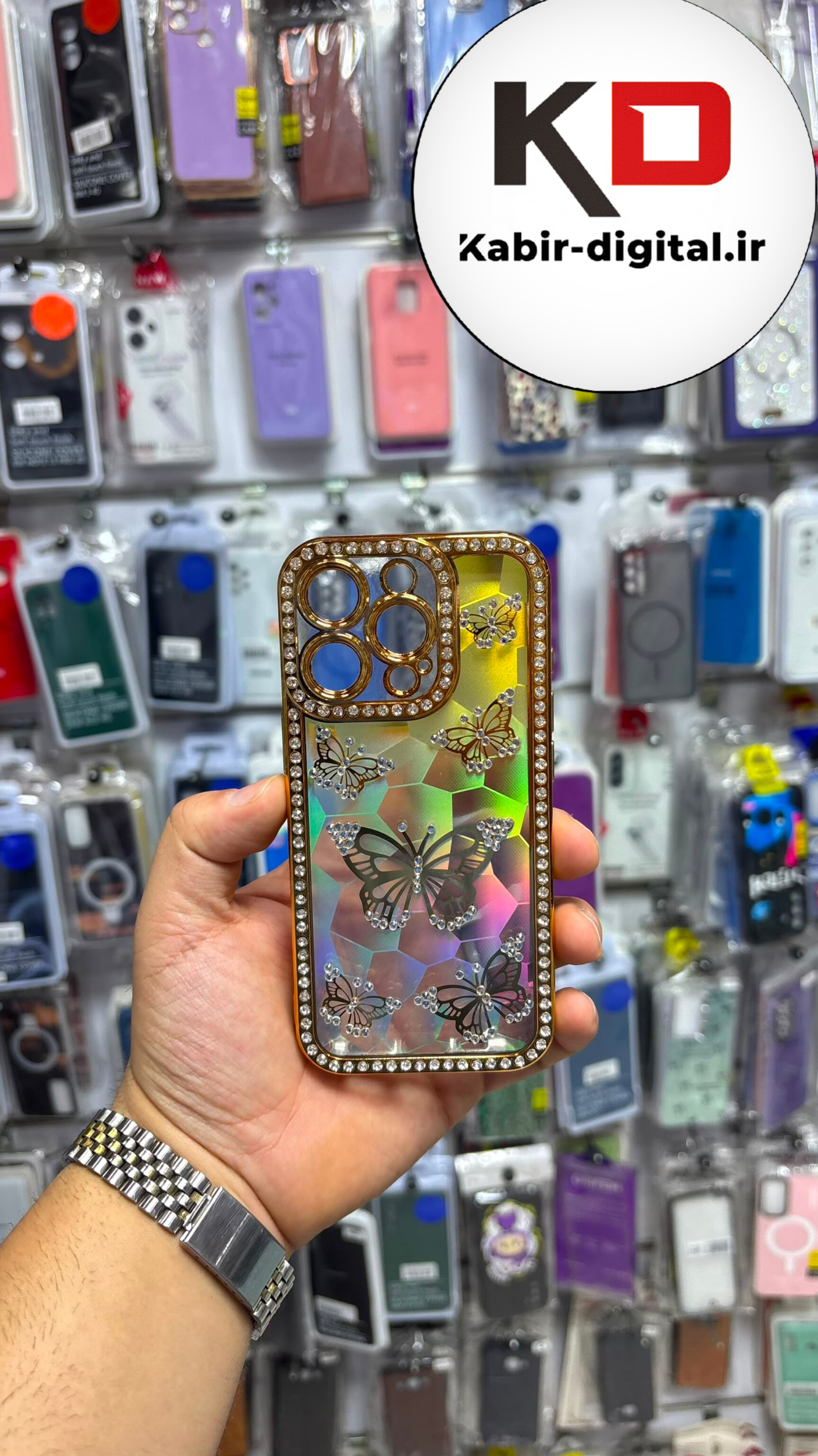 قاب گوشی iPhone 16 Pro آیفون Butterfly Case لوکس پروانه مرواریدی  لنز Silver نگین دار محافظ لنزدار
