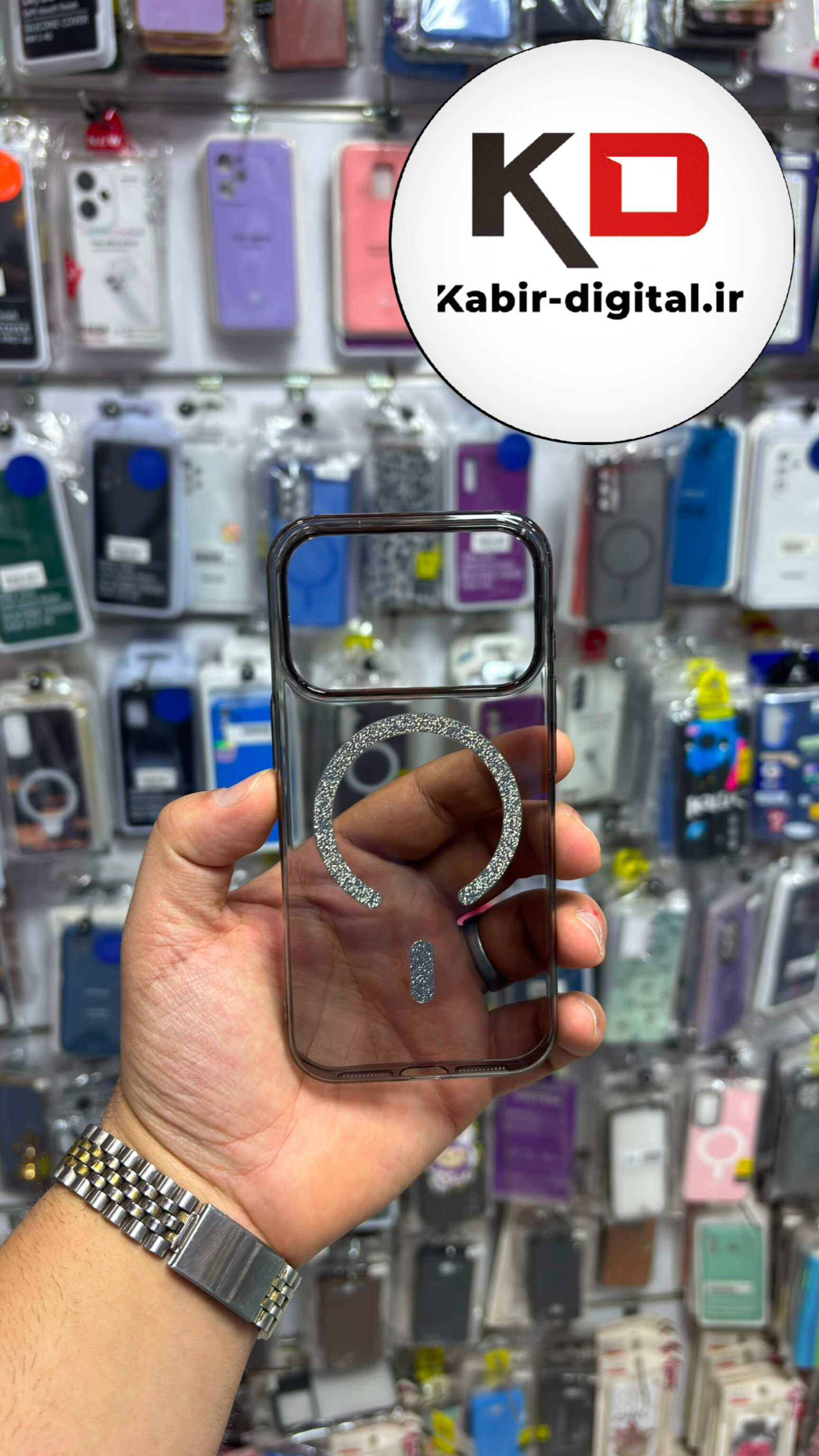 قاب گوشی iPhone 17 pro آیفون پشت شفاف شاین دار مگ سیف دار MagSafe اورجینال Metal Stand Case لنز کرومی