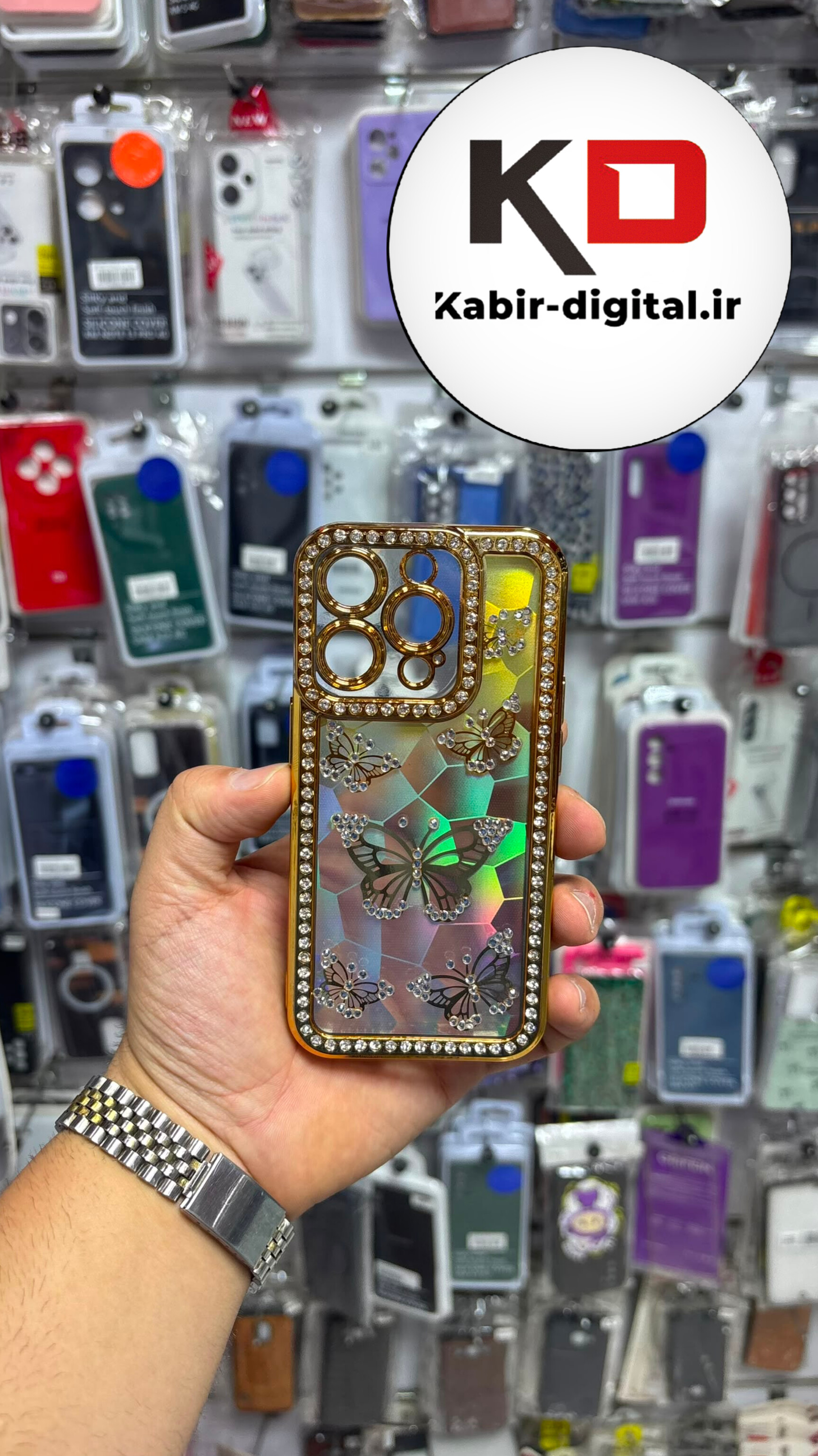 قاب گوشی iPhone 15 pro / 14 pro / 13 pro آیفون  Butterfly Case لوکس پروانه مرواریدی مشکی لنز Silver نگین دار محافظ لنزدار