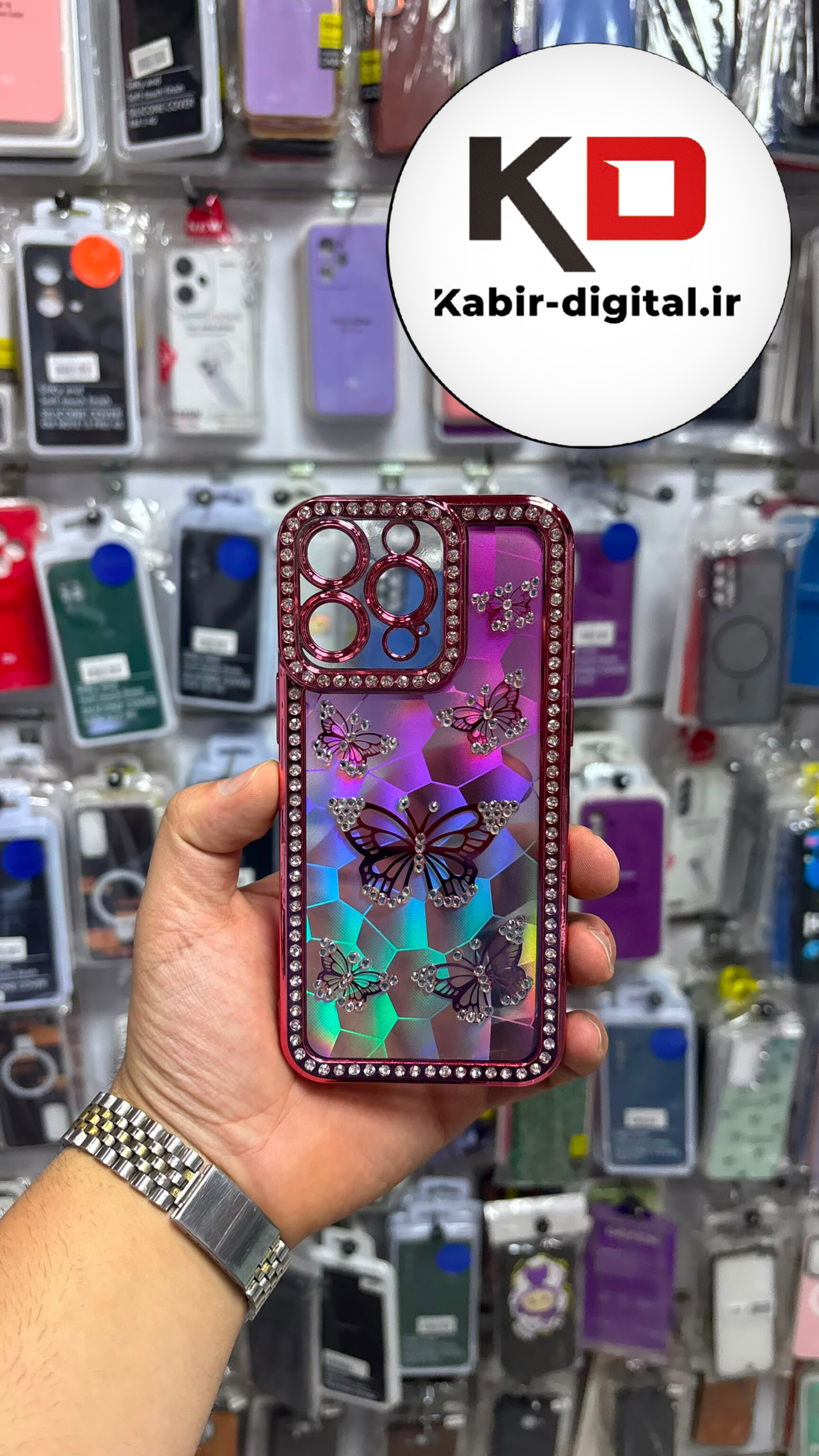 قاب گوشی iPhone 15 pro max / 14 pro max / 13 pro max آیفون  Butterfly Case لوکس پروانه مرواریدی لنز Silver نگین دار محافظ لنزدار