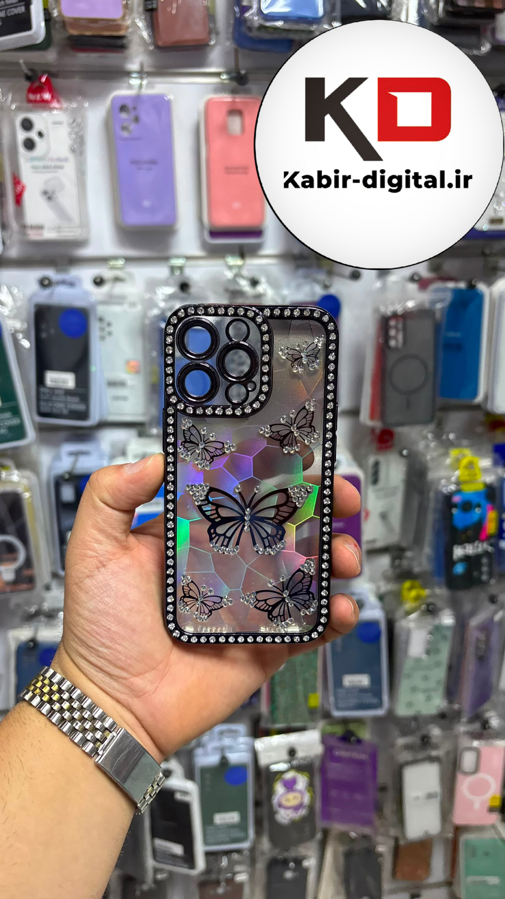 قاب گوشی iPhone 13 Pro آیفون Butterfly Case لوکس پروانه مرواریدی لنز Silver نگین دار محافظ لنزدار