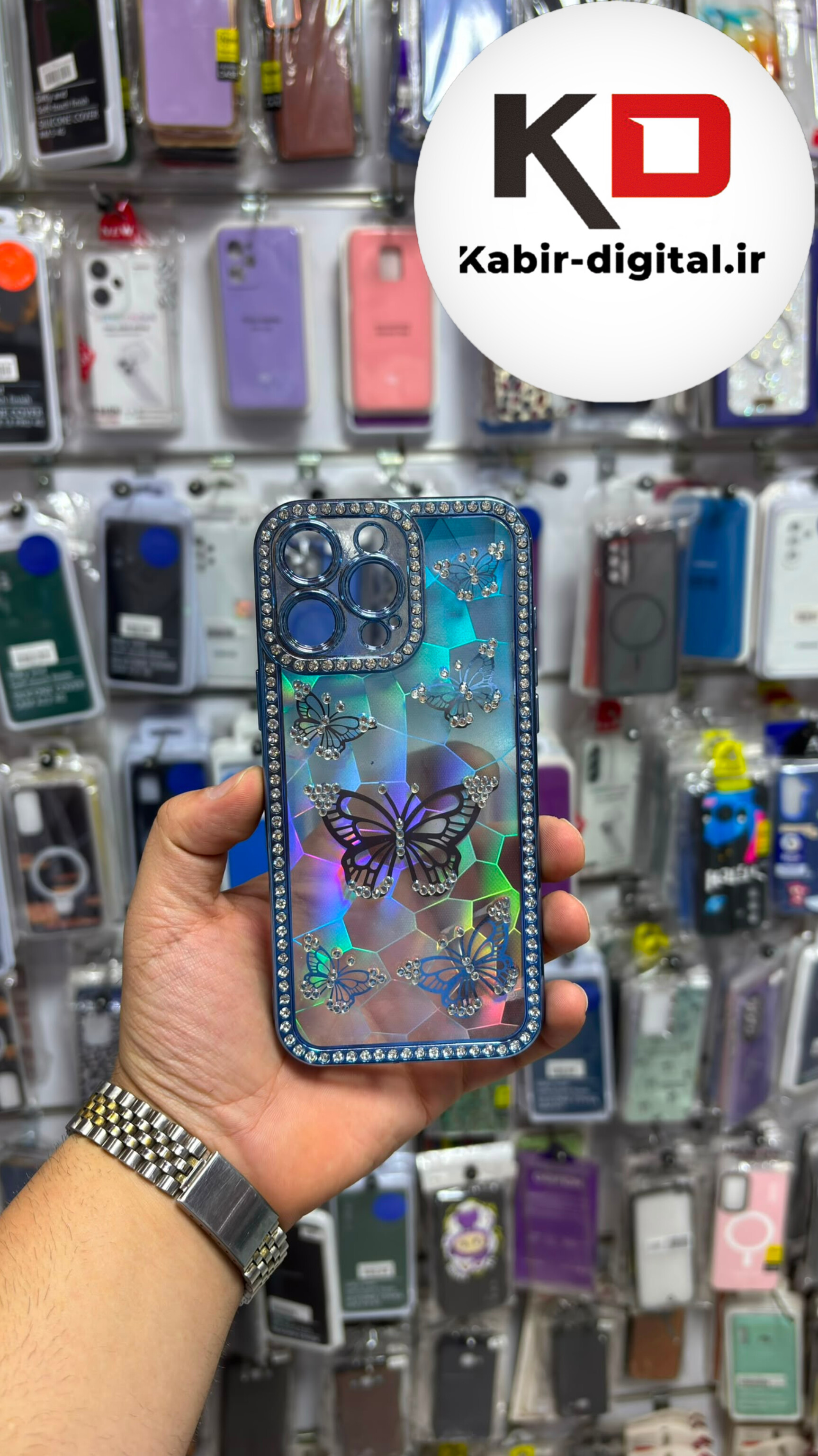 قاب گوشی iPhone 14 Pro Max آیفون Butterfly Case لوکس پروانه مرواریدی لنز Silver نگین دار محافظ لنزدار