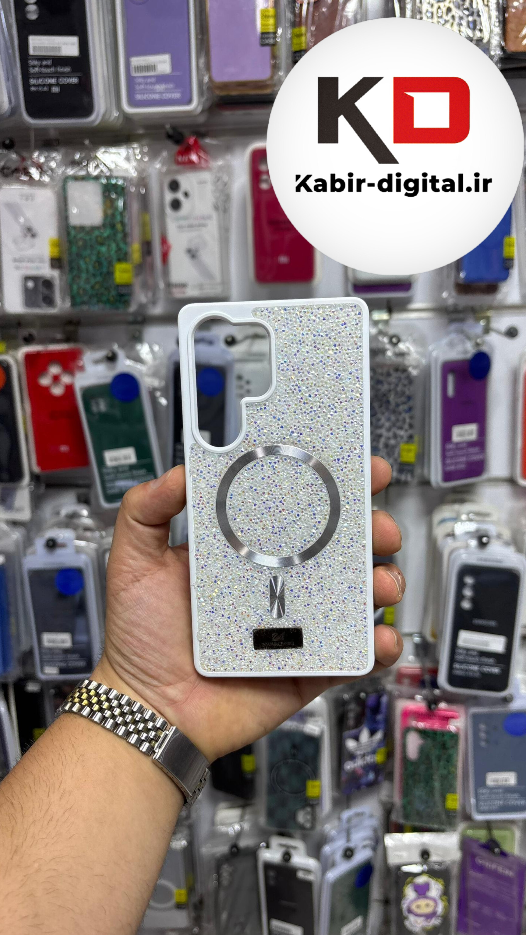قاب گوشی Galaxy S25 Ultraسامسونگ مگ سیف Magsafe اورجینال شاین Swarovski سواروسکی پلاک دار لنز کرومی سفید