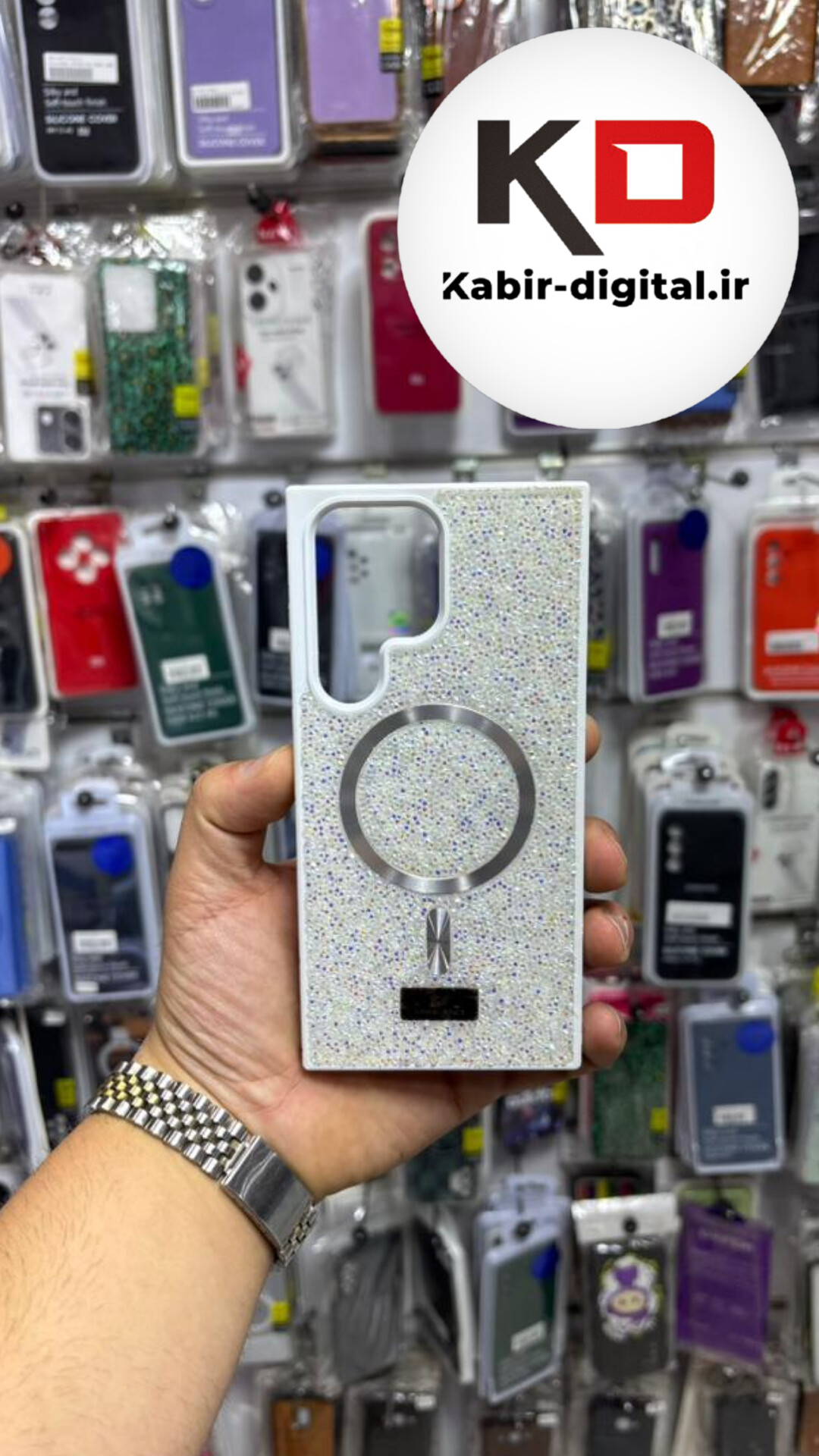 قاب گوشی Galaxy S23 Ultraسامسونگ مگ سیف Magsafe اورجینال شاین Swarovski سواروسکی پلاک دار لنز کرومی سفید