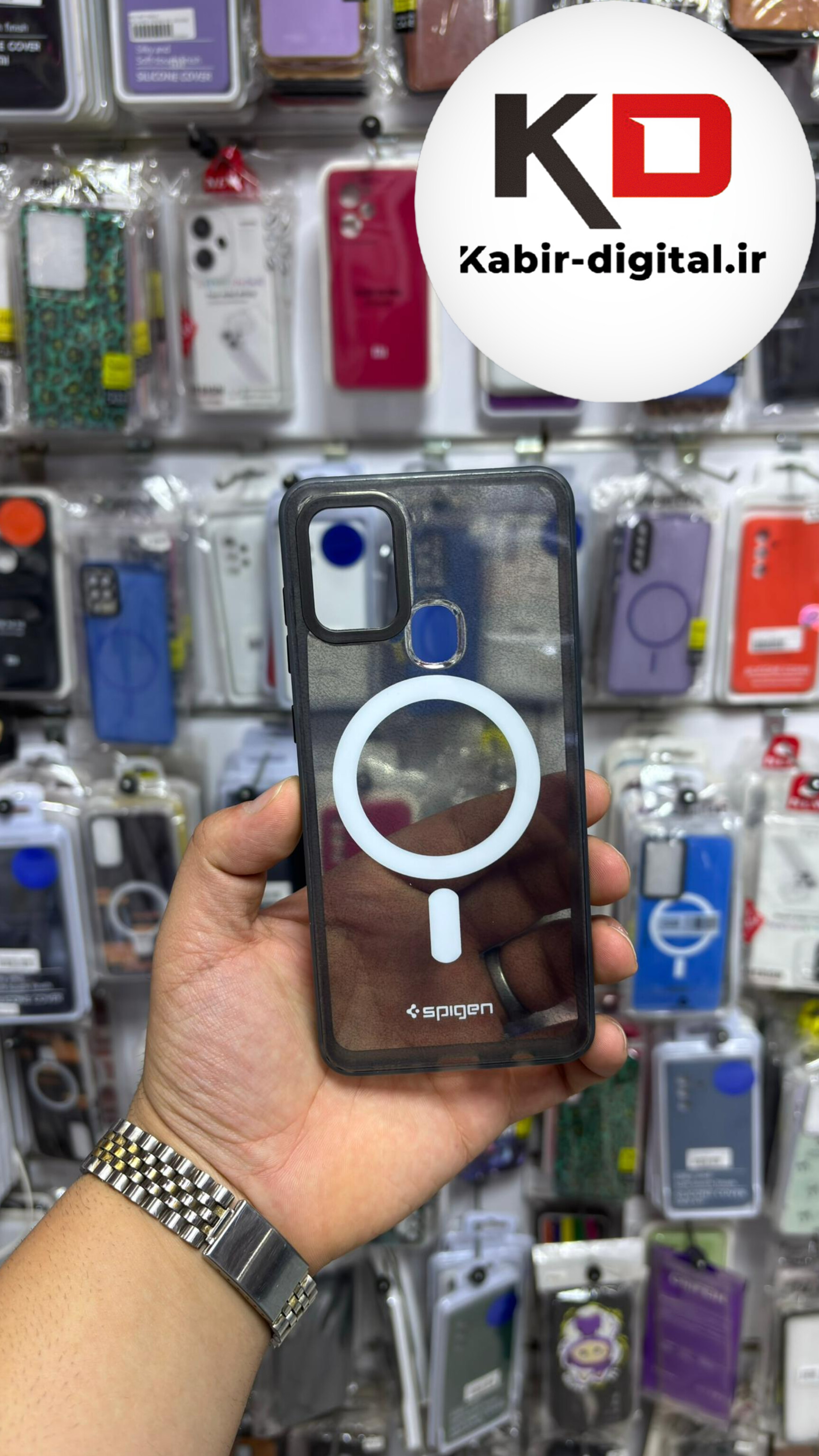 قاب گوشی Galaxy A21s سامسونگ پشت شفاف Spigen Case طرح مگ سیف ضد ضربه لنز برجسته مشکی