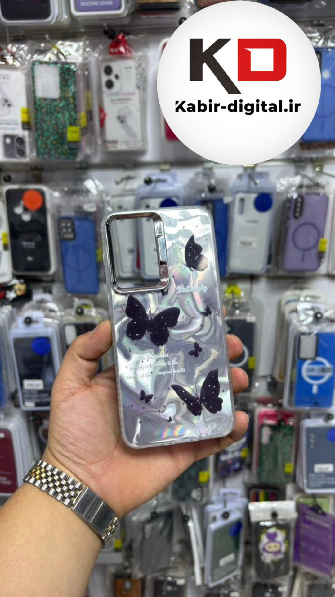 قاب گوشی Galaxy A36 / A56 سامسونگ IMD لیزری دورمات ایربگ دار دکمه کرومی لاکچری سخت HARD طرح پروانه لنز کرومی
