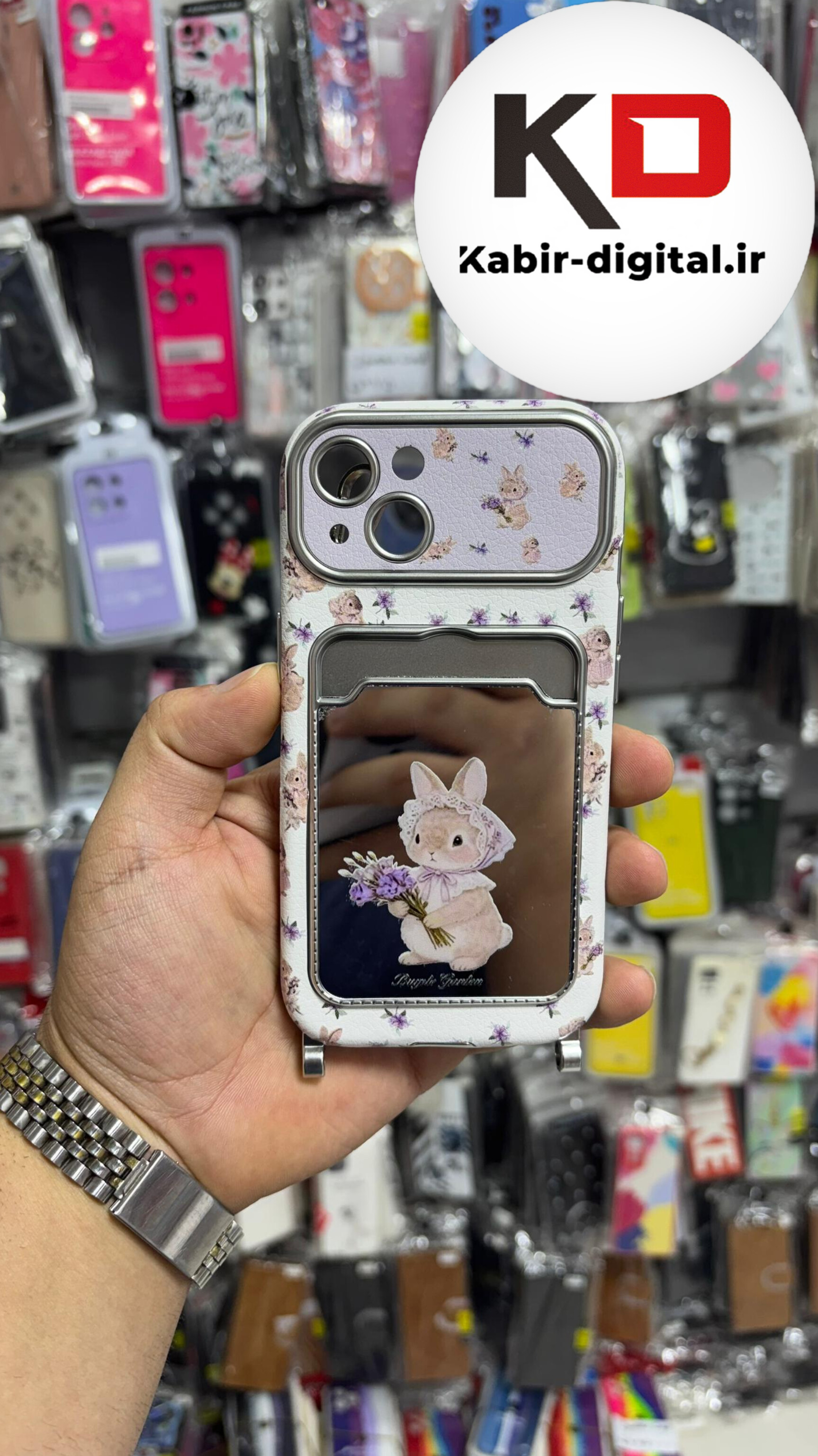 قاب گوشی iPhone 13 / 14 ایفون طرح آینه ای اورجینال جاکارتی دار بنددار دور کرومی لاکچری سخت HARD کیس طرح خرگوش