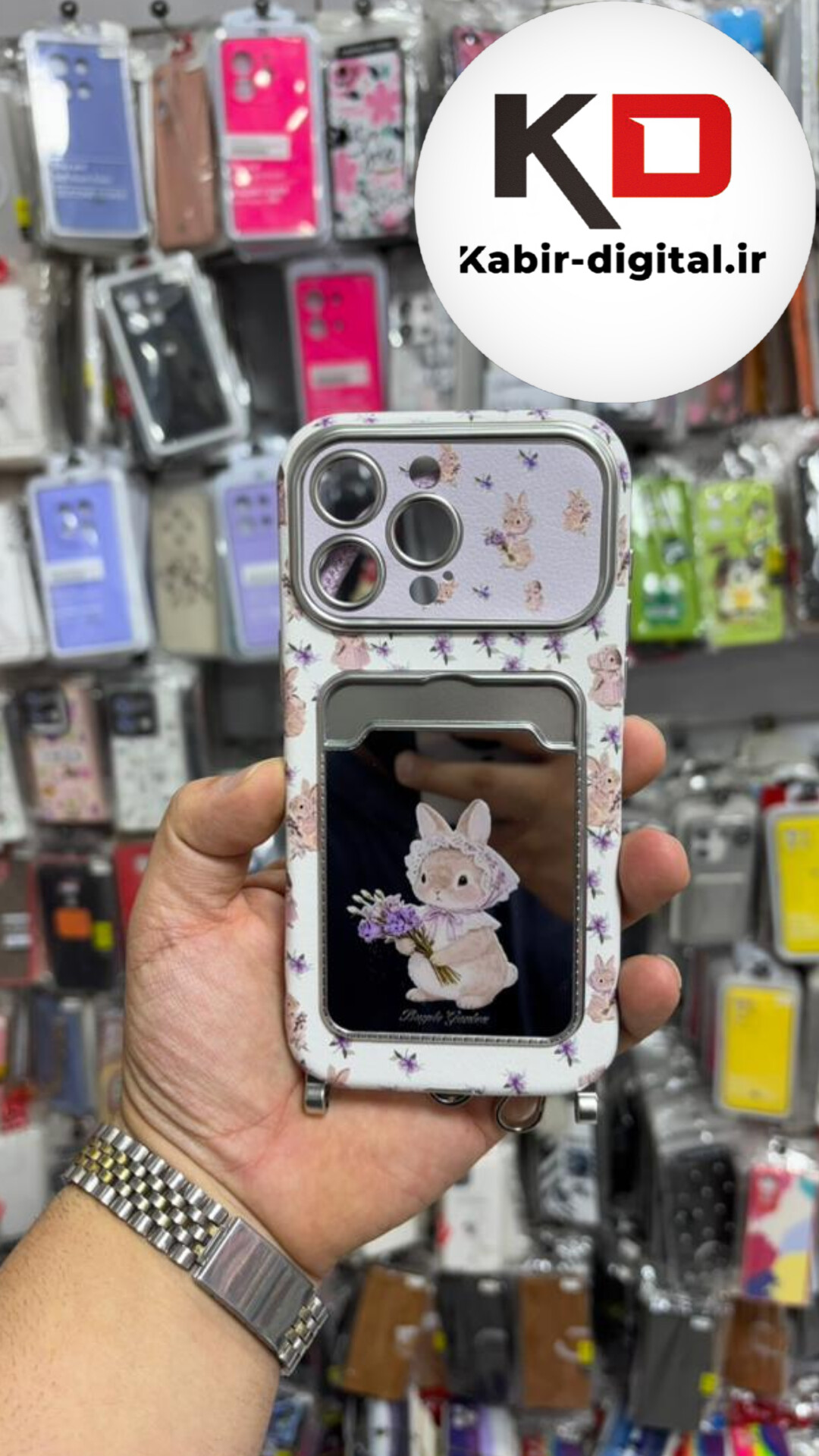 قاب گوشی iPhone 15 Pro Max ایفون طرح آینه ای اورجینال جاکارتی دار بنددار دور کرومی لاکچری سخت HARD کیس طرح خرگوش