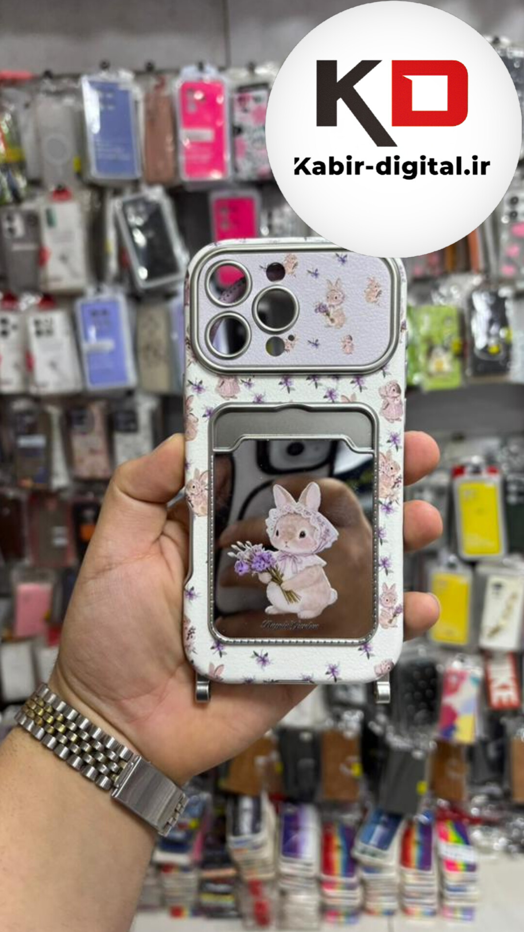 قاب گوشی iPhone 16 Pro Max ایفون طرح آینه ای اورجینال جاکارتی دار بنددار دور کرومی لاکچری سخت HARD کیس طرح خرگوش