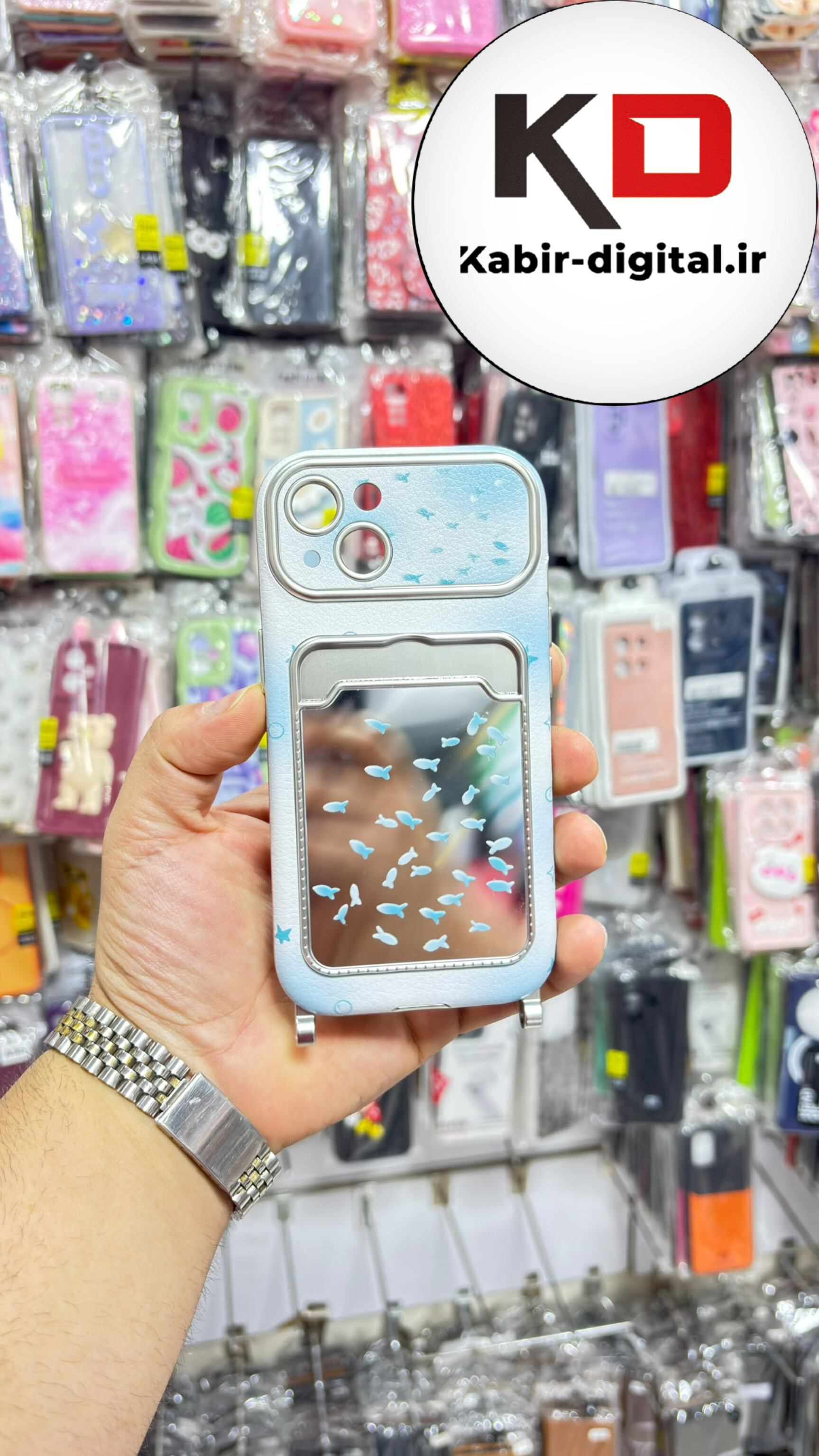 قاب گوشی iPhone 13 / 14 ایفون طرح آینه ای اورجینال جاکارتی دار بنددار دور کرومی لاکچری سخت HARD کیس طرح ماهی آبی