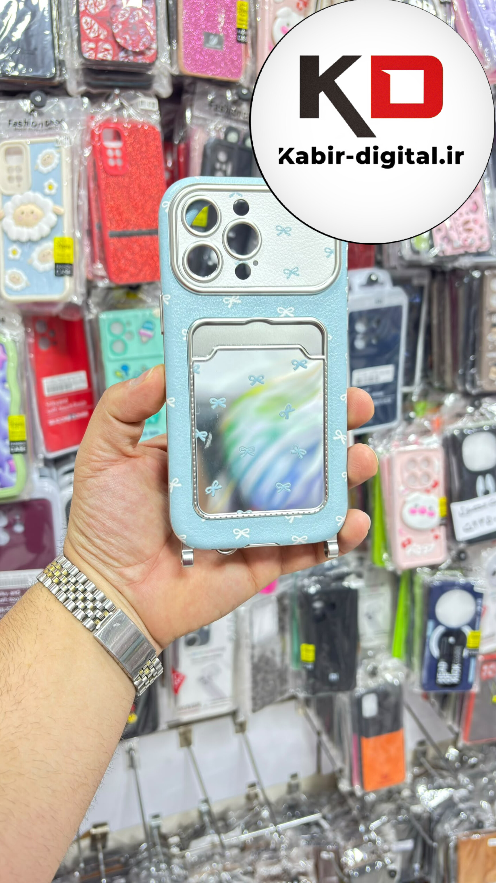 قاب گوشی iPhone  14 Pro Max ایفون طرح آینه ای اورجینال جاکارتی دار بنددار دور کرومی لاکچری سخت HARD کیس طرح ماهی آبی