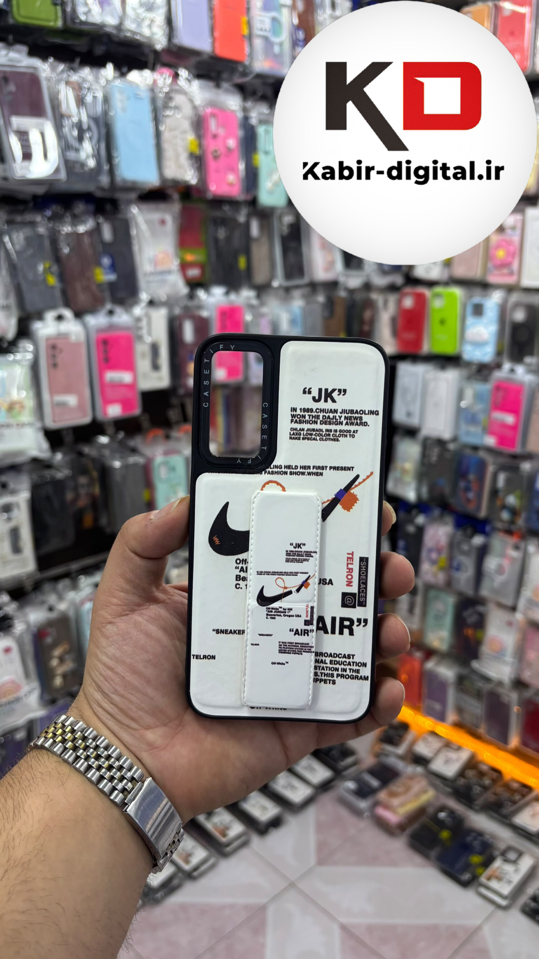 قاب گوشی Galaxy A34 سامسونگ Casetify استند شو اسپرت لنز برجسته طرح نایک سفید