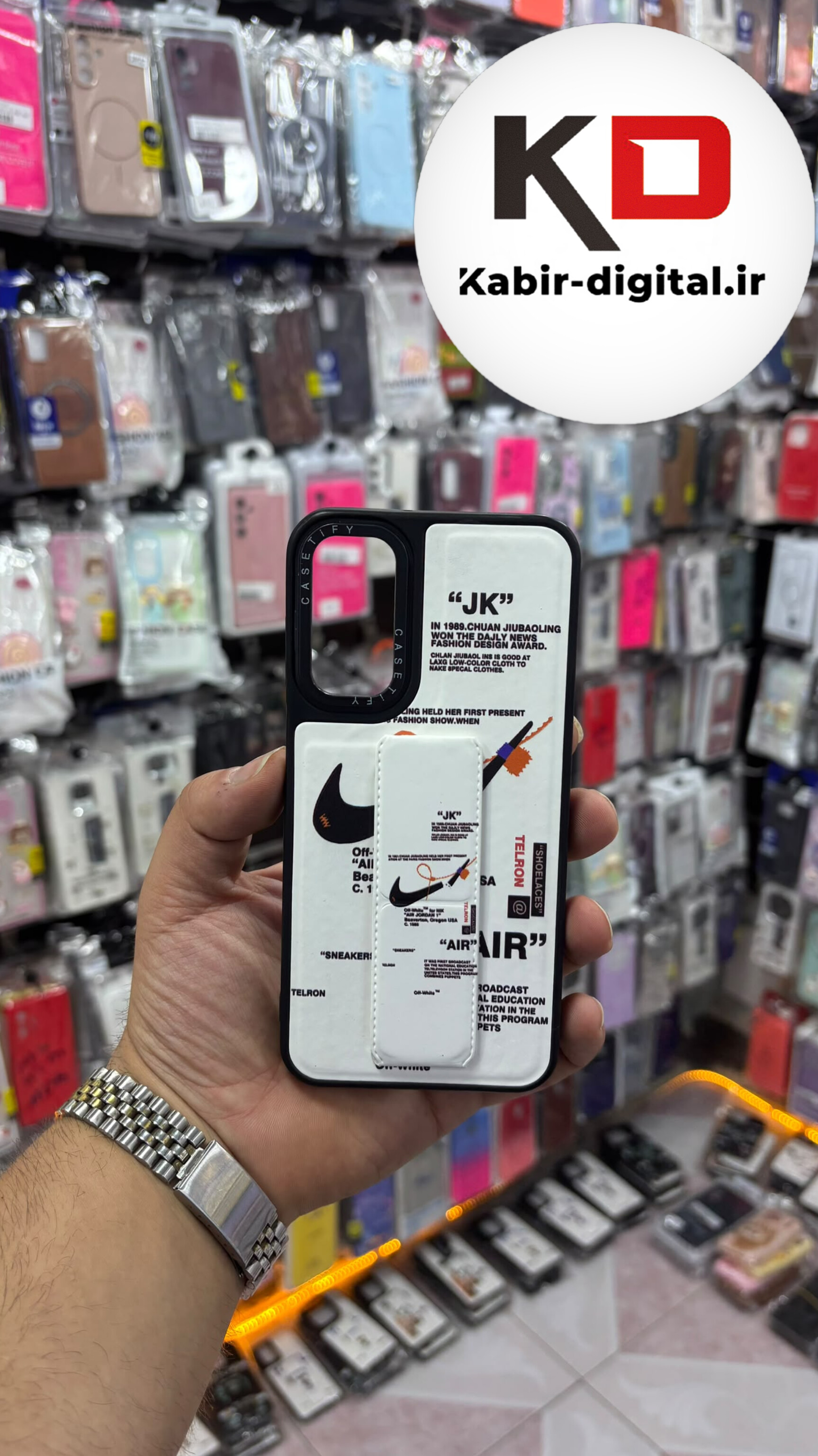 قاب گوشی Galaxy A24 / A25 / A15 سامسونگ Casetify استند شو اسپرت لنز برجسته طرح نایک سفید
