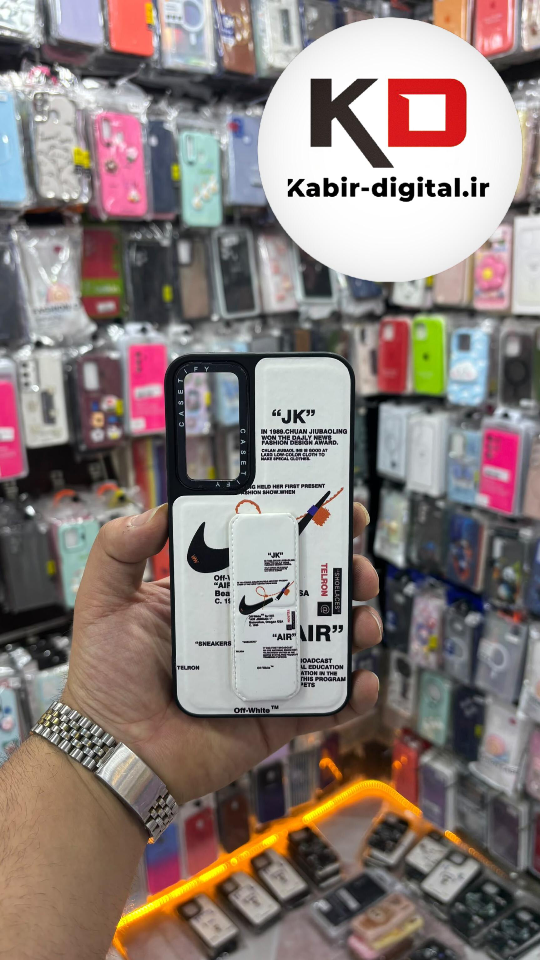 قاب گوشی Galaxy A54 سامسونگ Casetify استند شو اسپرت لنز برجسته طرح نایک سفید