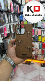 قاب گوشی iPhone 15 pro max آیفون اورجینال یونیک کیس چرمی دوخت طرح پاپیون داخل پارچه